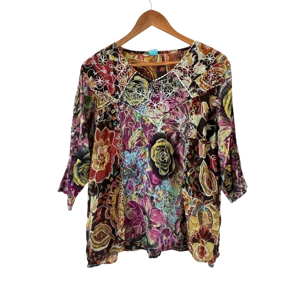 Womens Floral Embroidered Boho Tunic Top M Patchwork Floral‎ Tunic Artsy